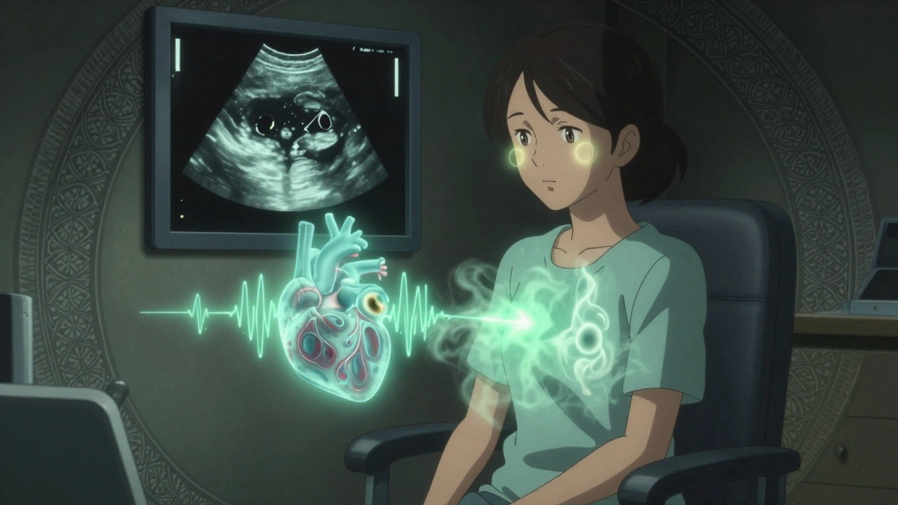 A woman in a quiet room with mystical ultrasound and nuclear imaging effects surrounding her chest.