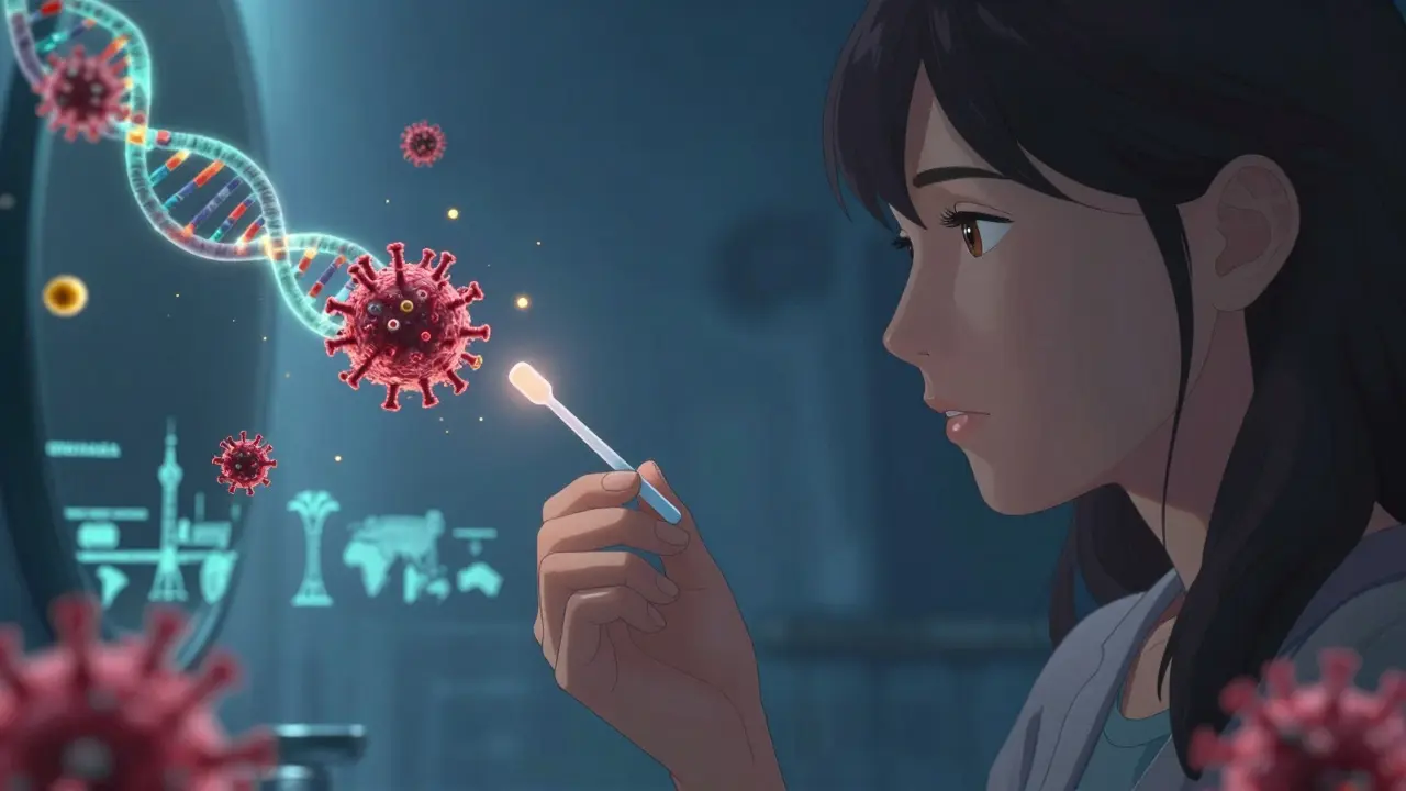 A woman using an at-home HPV test kit, with glowing DNA strands and neutralized viruses around her.