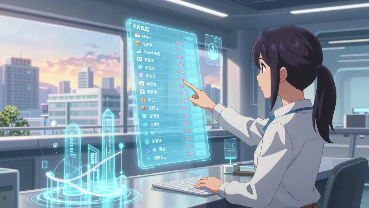 Analyst in control room views transparent drug price data streams, highlighting a low-cost generic alternative.