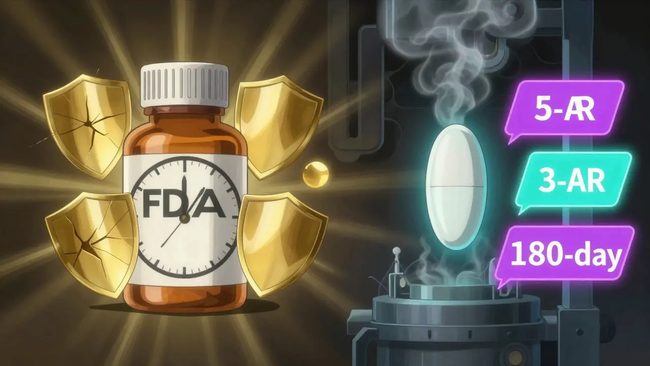 Brand-name drug patents fading as generic pill emerges with FDA exclusivity banners.