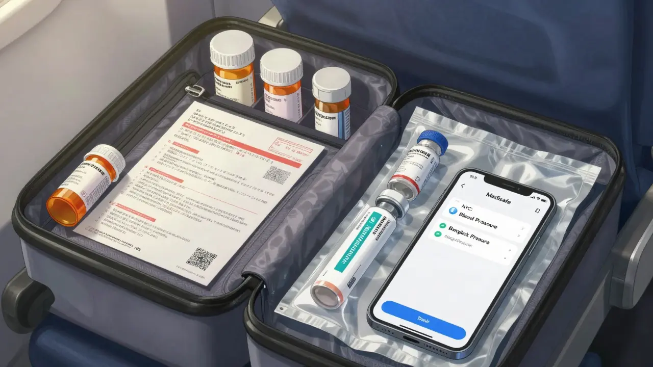 Carry-on bag with prescription bottles, cooling pack, and phone showing timezone medication alarms.