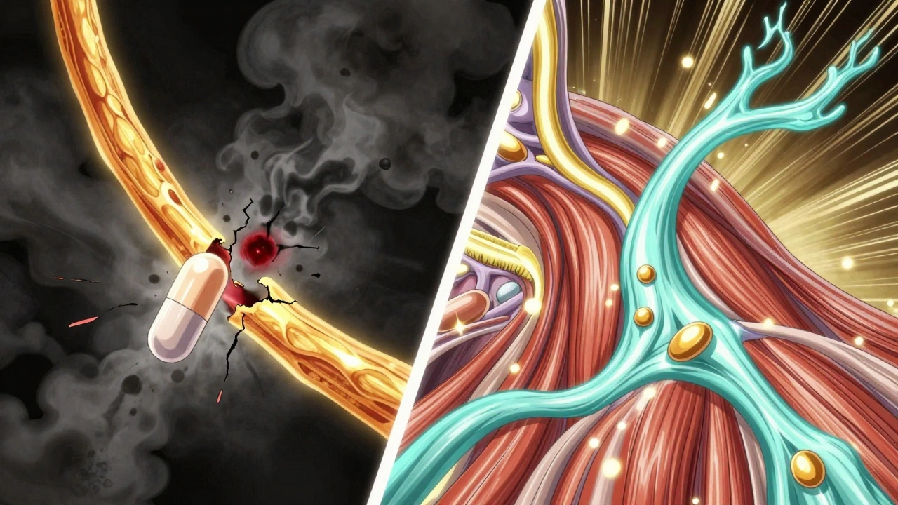 Contrasting images of muscle damage from toxic statin buildup versus healthy muscle function.