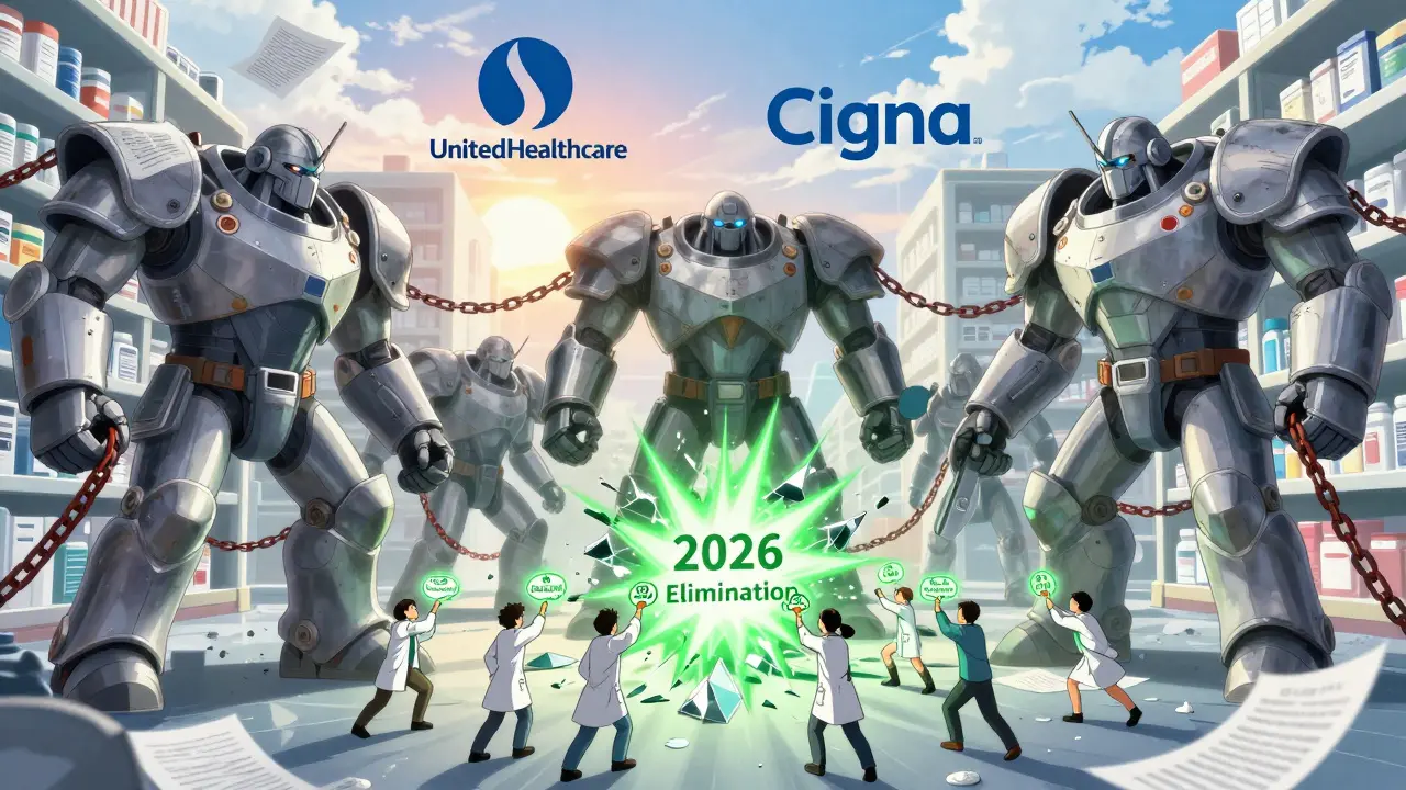 Corporate logos as titans battling doctors and patients with reform symbols in glowing light