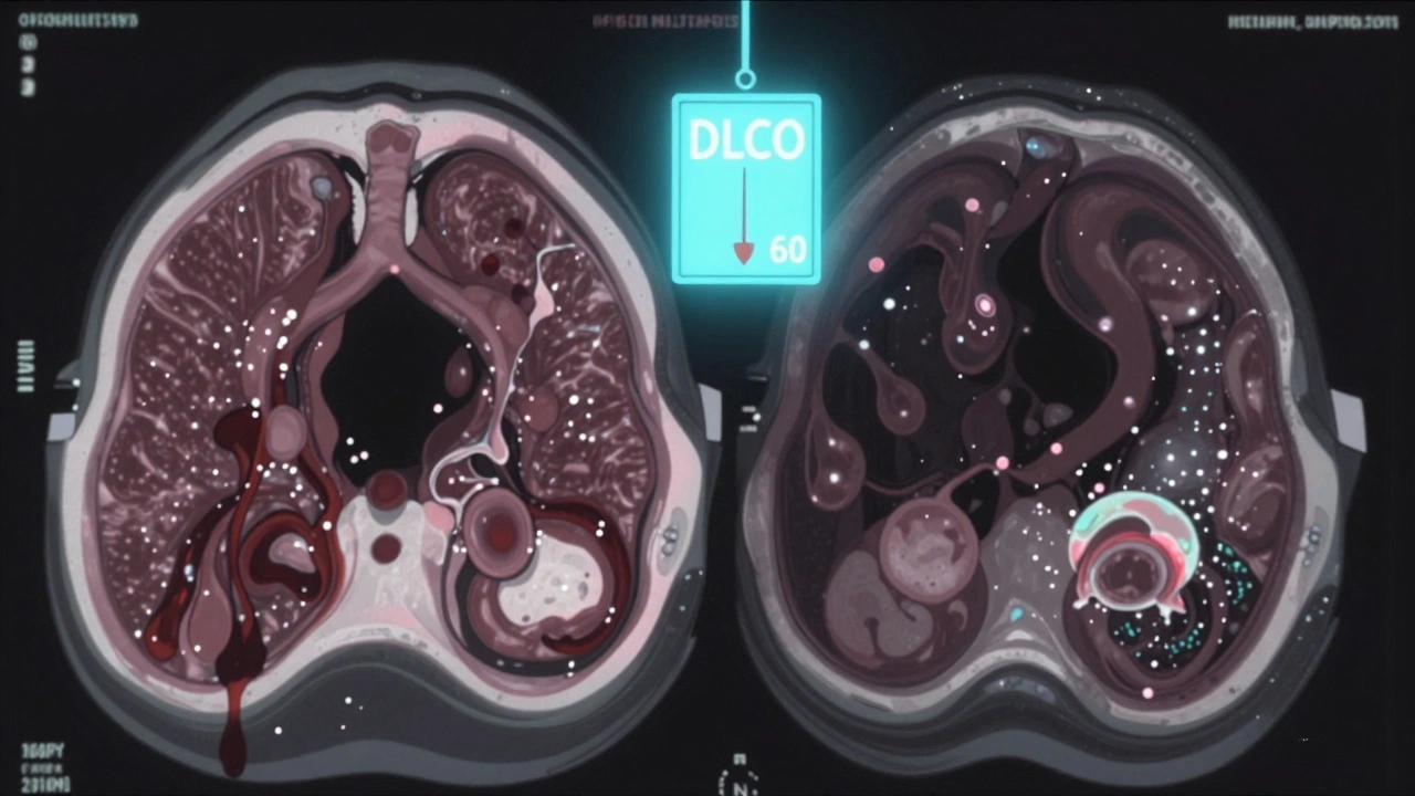 CT scan transformed into an anime lung landscape: thickened airways on one side, hollow voids on the other, with glowing DLCO meter.