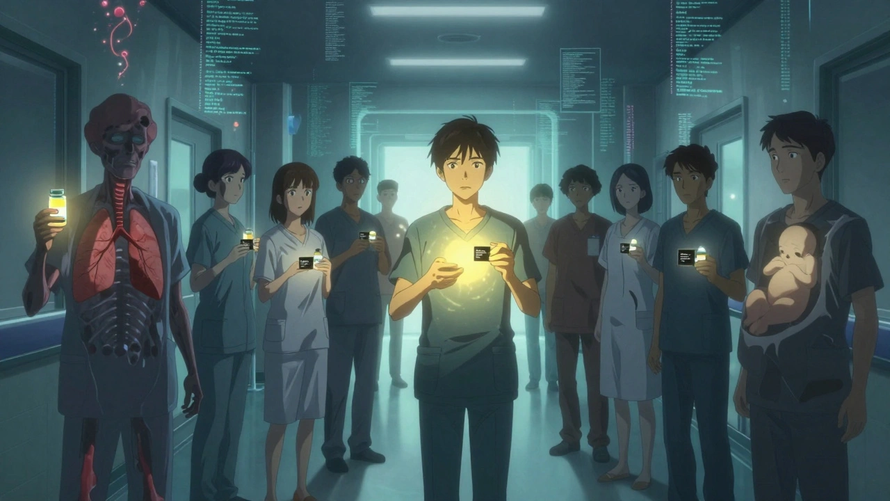 Diverse patients in a corridor, each holding medication with glowing warnings and shadowy consequences.