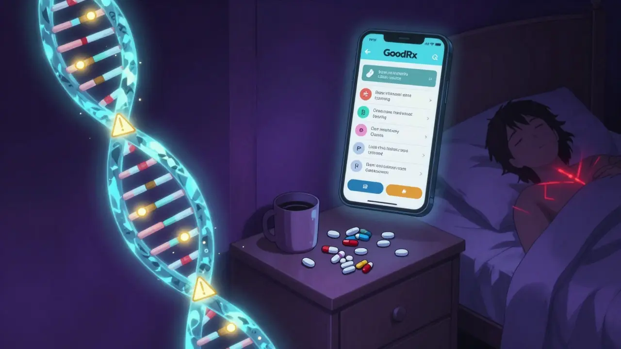 DNA helix and smartphone screen showing personalized drug safety alerts on a nightstand.