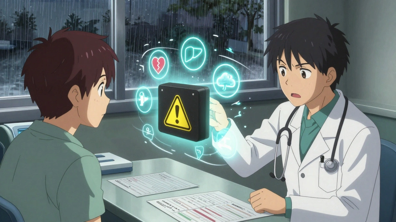 Doctor and patient facing a floating holographic FDA black box warning in a clinic.