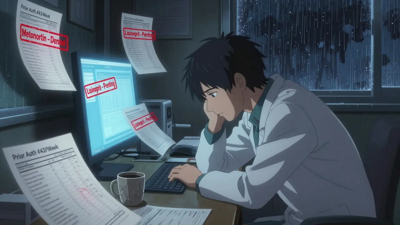 Doctor working late surrounded by digital prior authorization denials and lab results