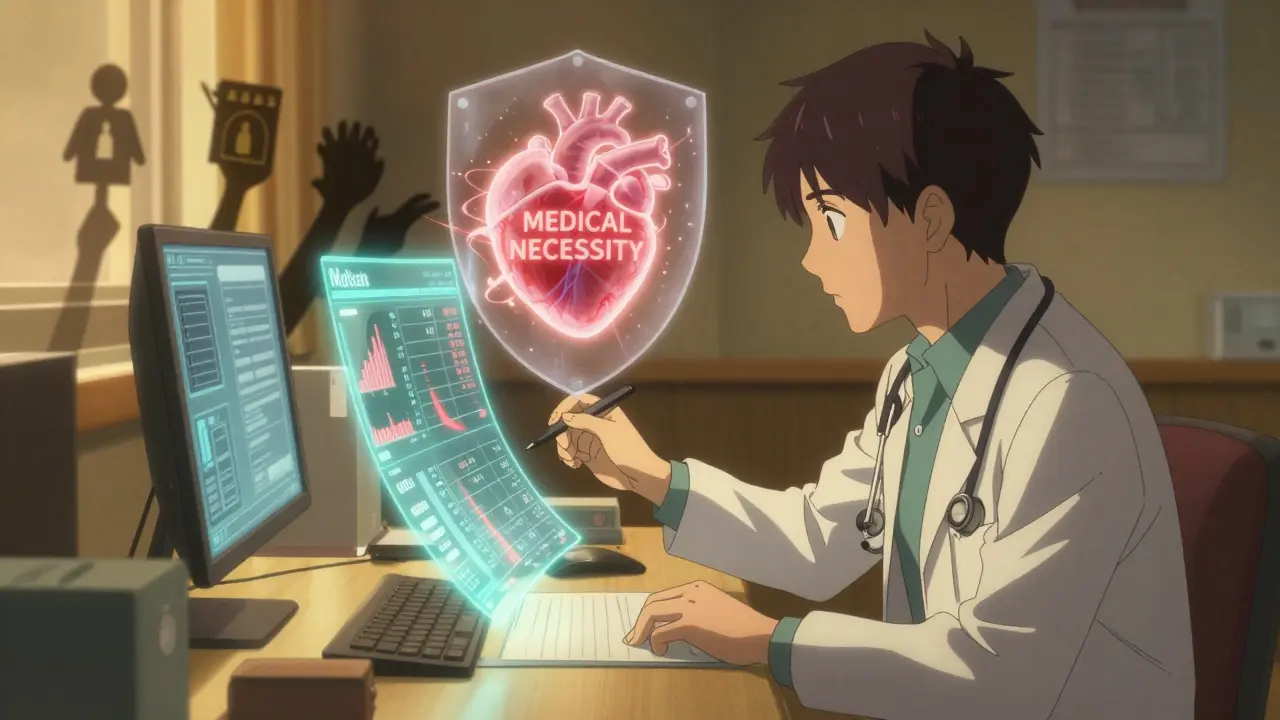 Doctor writing appeal with holographic medical data shining around them