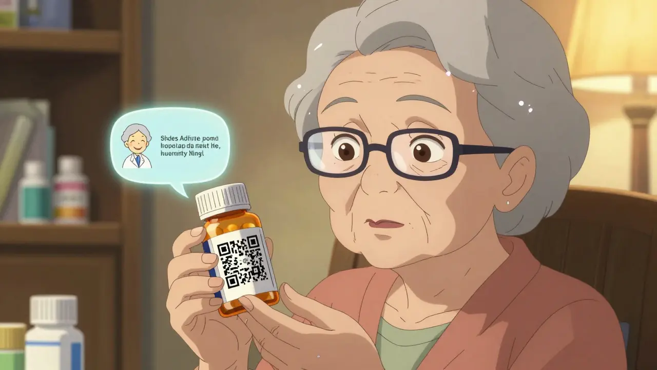 Elderly woman reading a large-print medication label under a lamp with a glowing QR code.
