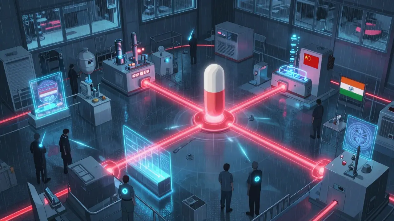 Glowing global supply chain paths converge on a single FDA-inspected pill, with factories in the U.S., India, and China.