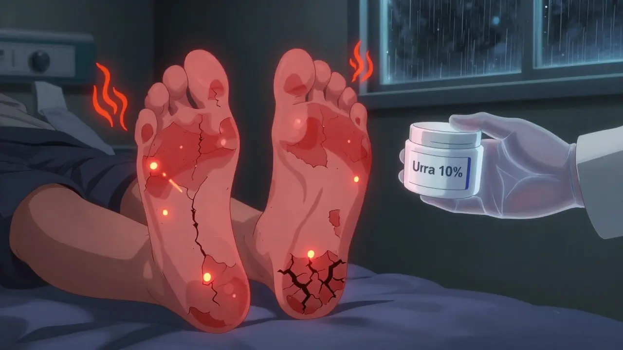 Hands and feet with red, peeling skin from hand-foot syndrome, glowing cracks and heat symbols.