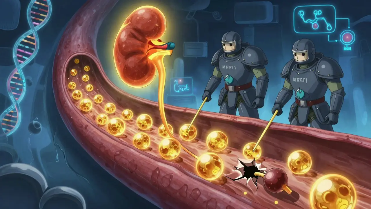 Inside a kidney tubule, uric acid molecules blocked by transporter proteins under clinical lighting.