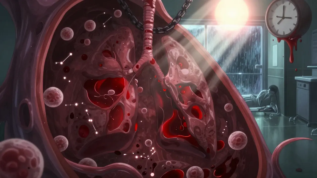 Internal view of blocked lung artery with swirling blood cells and collapsing figure in background.