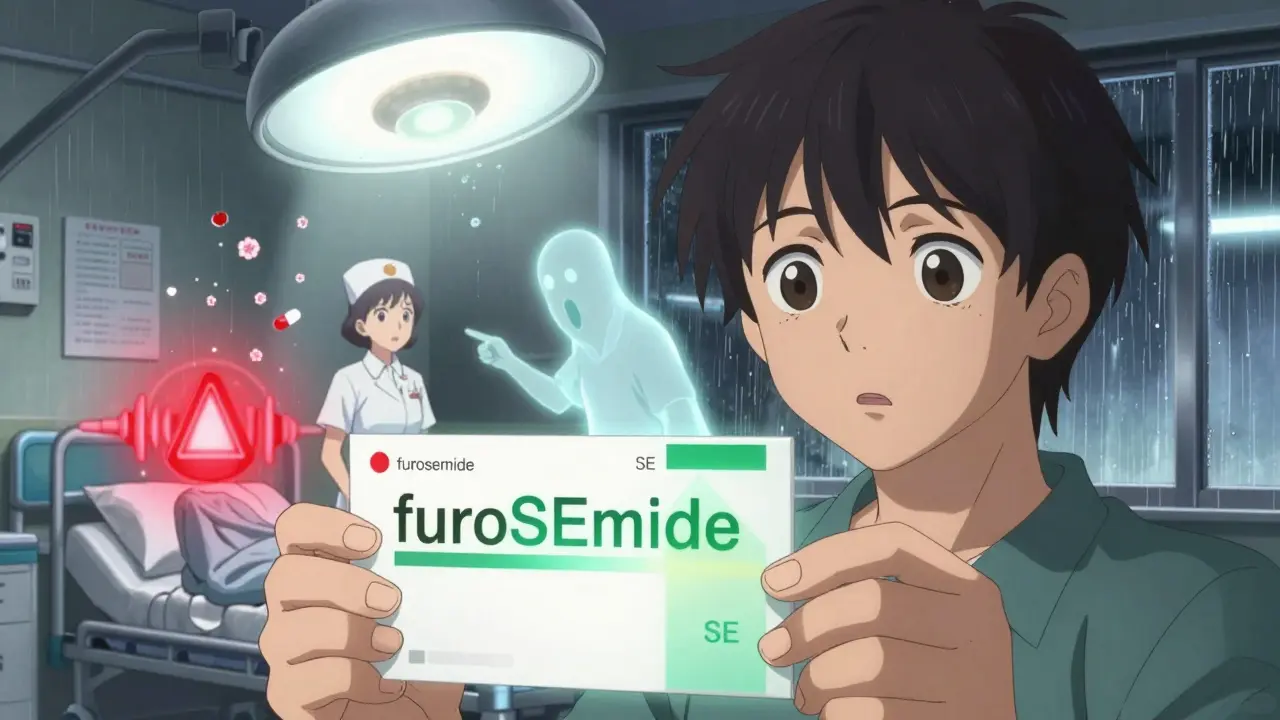 Patient holding a prescription with missing tall man lettering, overlaid with correct capitalization and warning symbols.