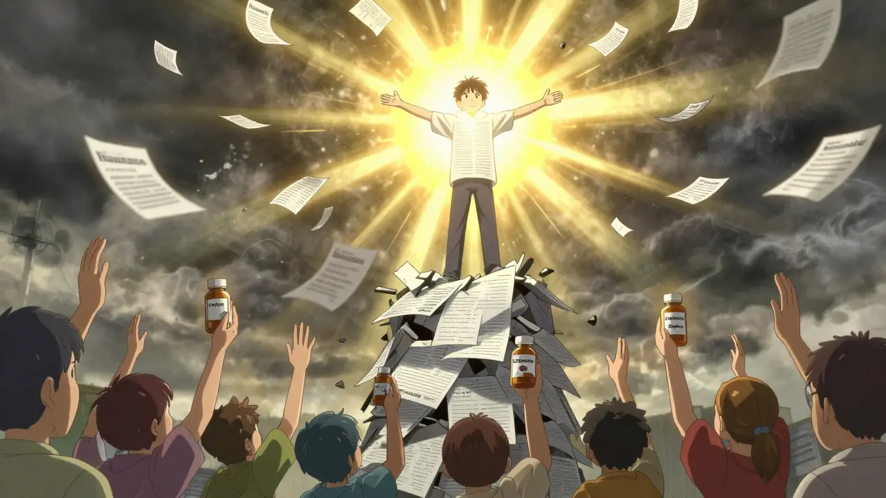 Patient standing tall as approval light bursts forth, rejecting denial forms