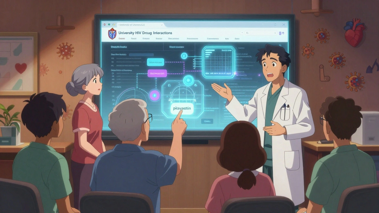 Patients and doctors viewing a holographic HIV-drug interaction tool with safe statin options displayed.