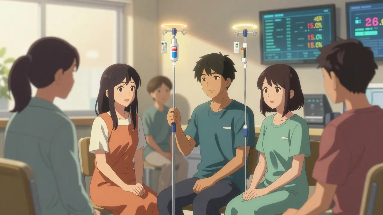 Patients receiving infusion therapy with radiant energy lines symbolizing equal effectiveness