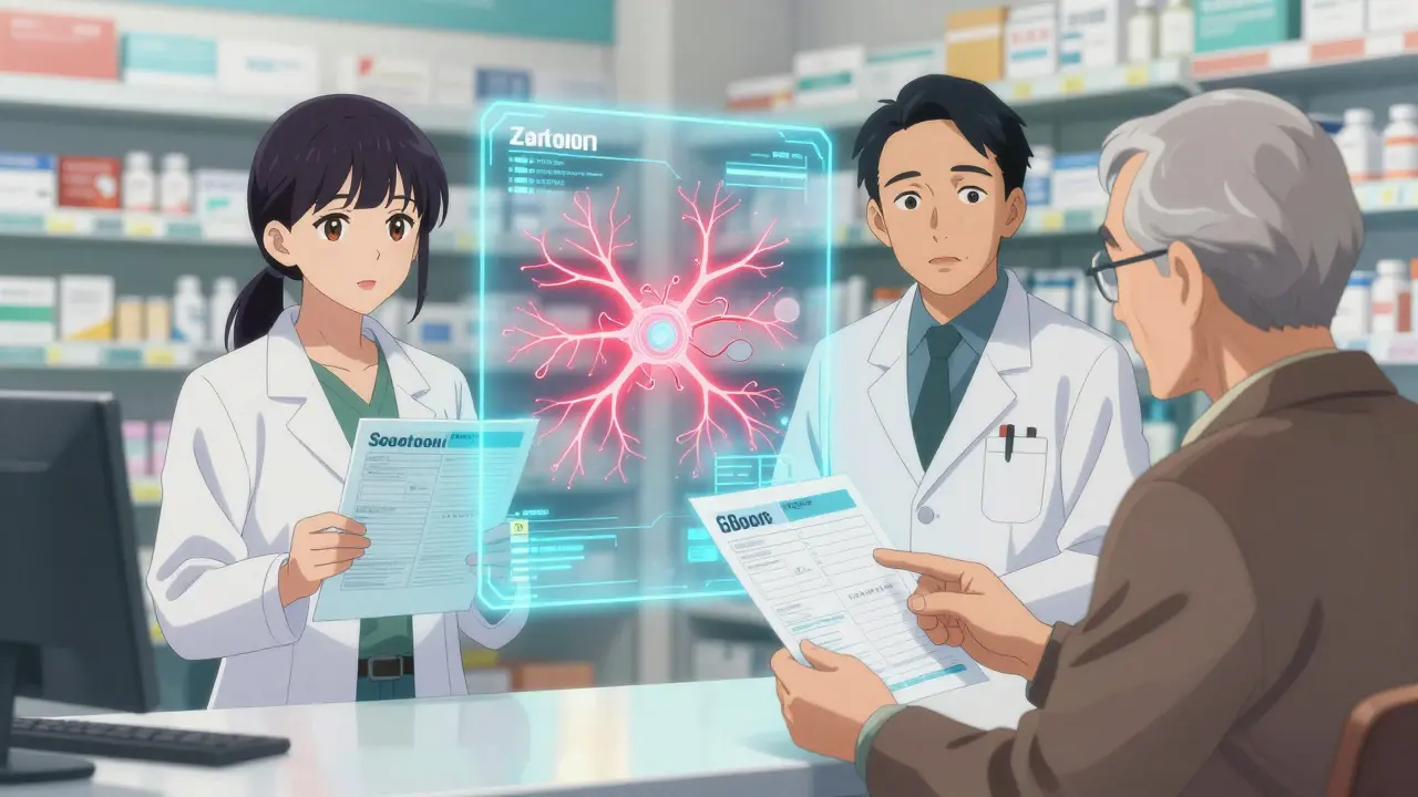 Pharmacist and patient reviewing a digital drug interaction report with glowing warning symbols.