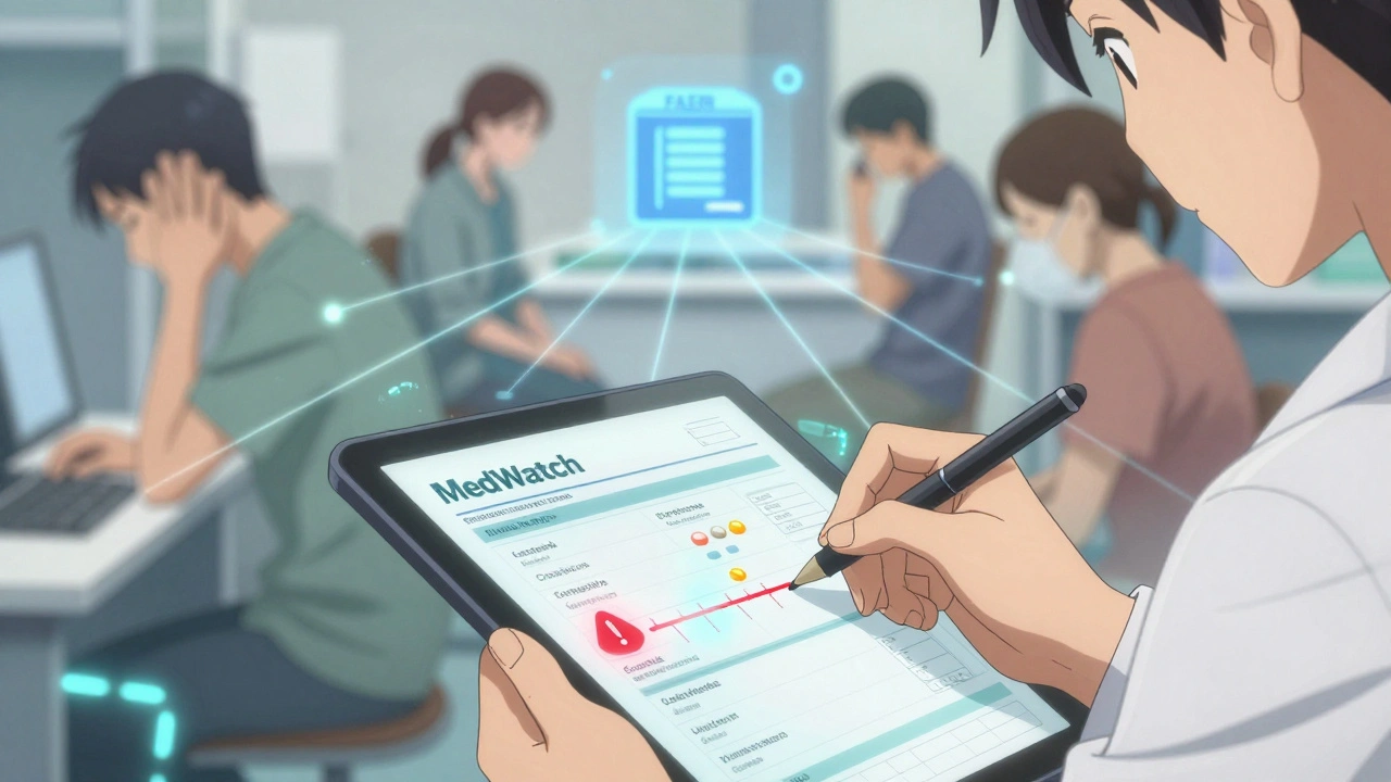 Pharmacist completing an adverse event report with holographic drug ingredient comparisons and glowing symptom connections around them.