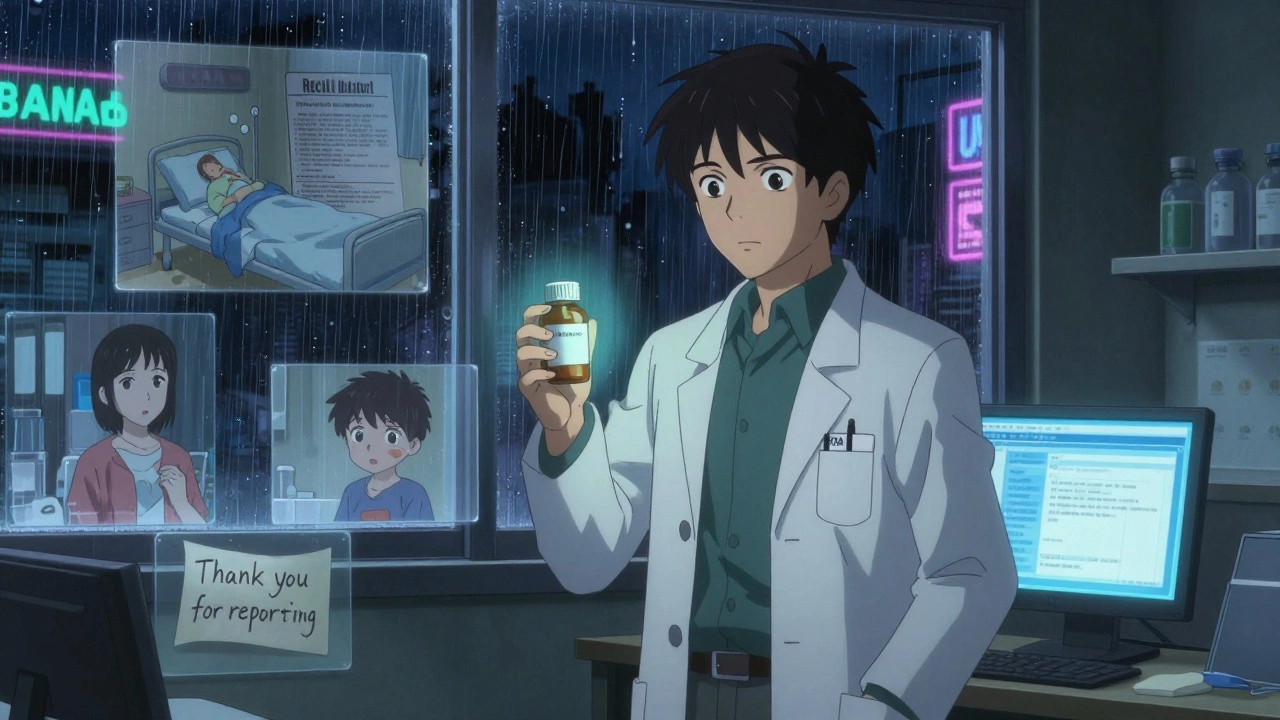 Pharmacist holding a glowing generic pill bottle as memories of patient reactions float around them in a rain-lit pharmacy at night.