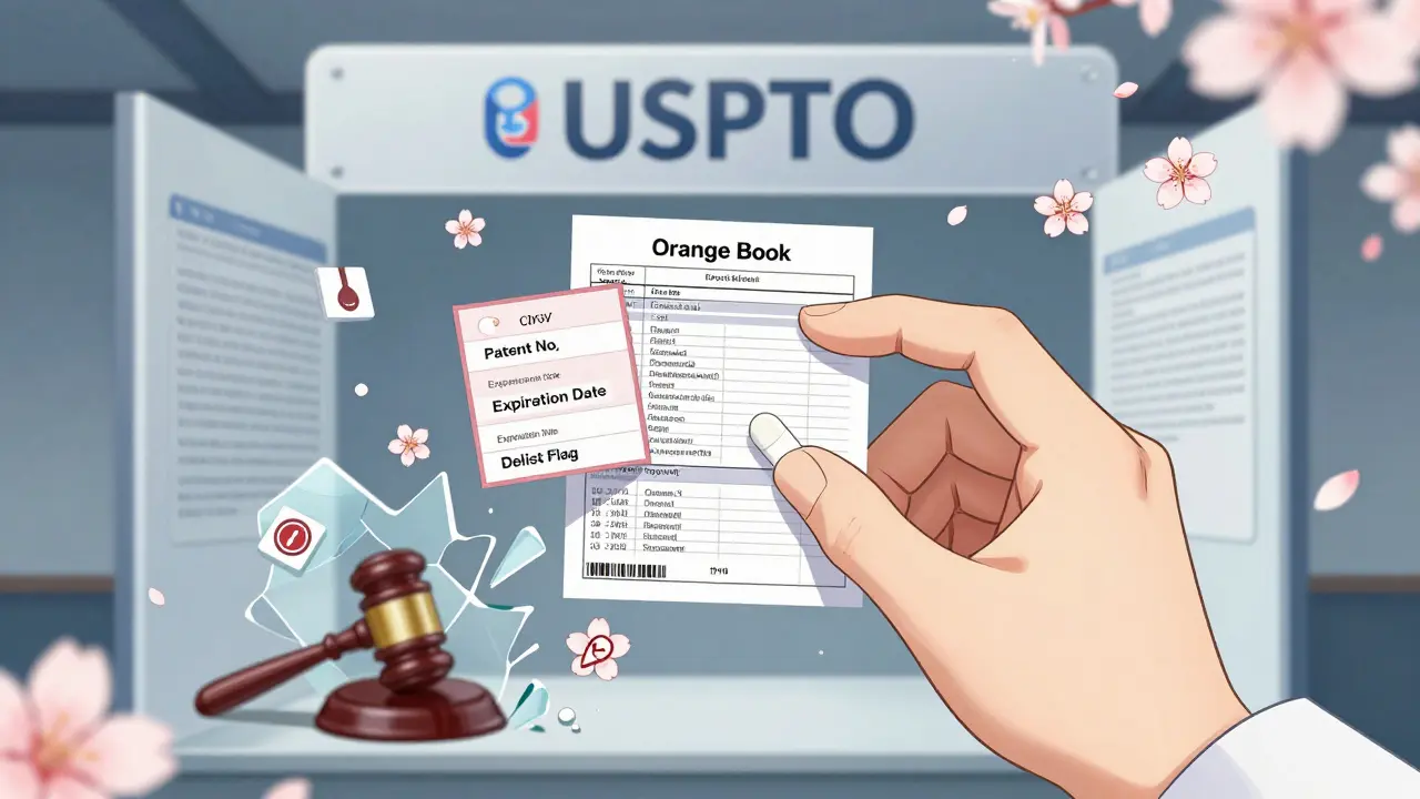 Pharmacist viewing Orange Book data with floating CSV fields and shattering patent icons.