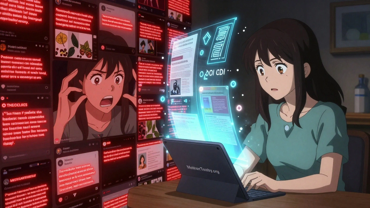 Split scene: chaotic social media misinformation on one side, trusted medical sources glowing on the other.