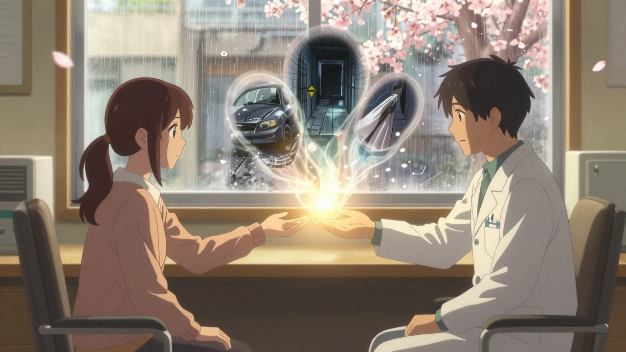 Therapist and patient in a sunlit room, with a translucent vortex dissolving traumatic scenes into light.