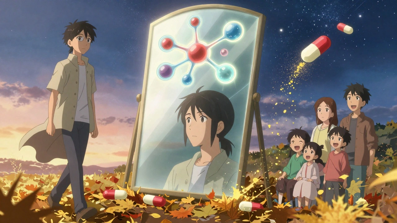 Three patients living freely under dawn light, with steroid pills dissolving into dust and protective biologic molecules above their eyes.