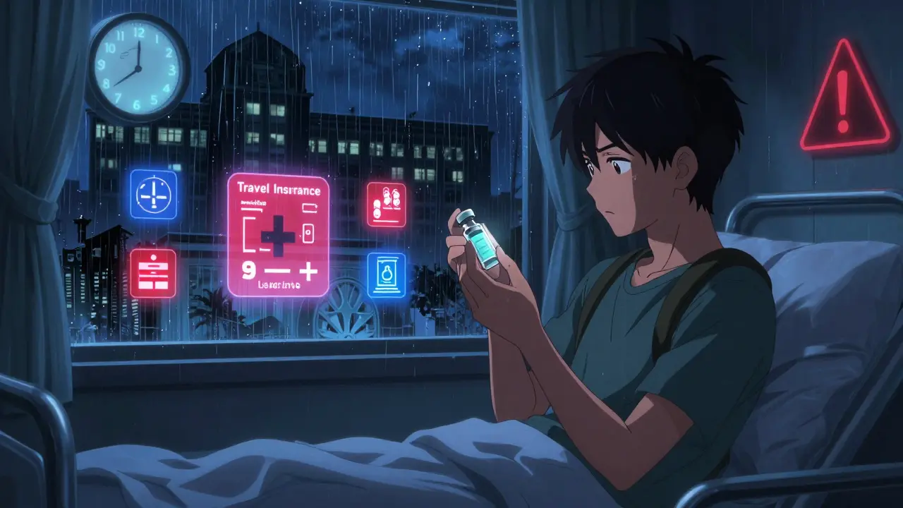 Traveler in Bangkok hospital holding empty insulin vial, embassy visible through window.