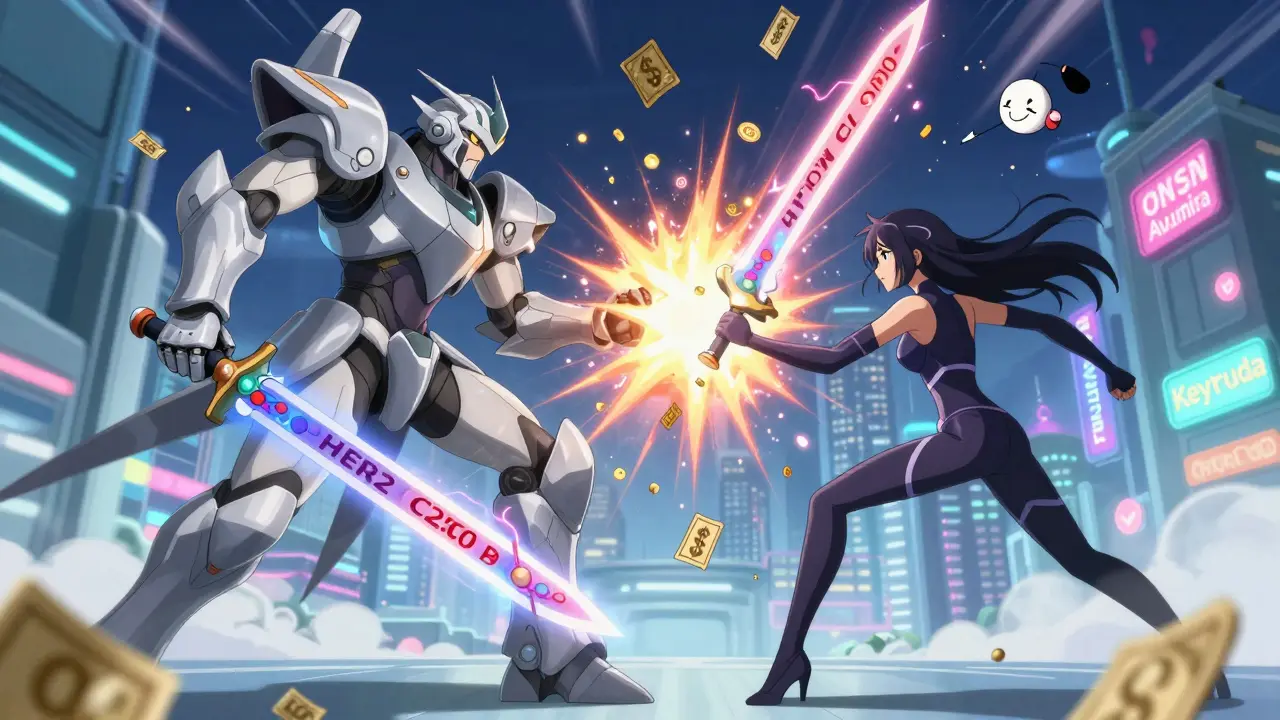 Warrior-like biosimilar and biologic drugs clashing in a hospital skyline with cost-saving particles