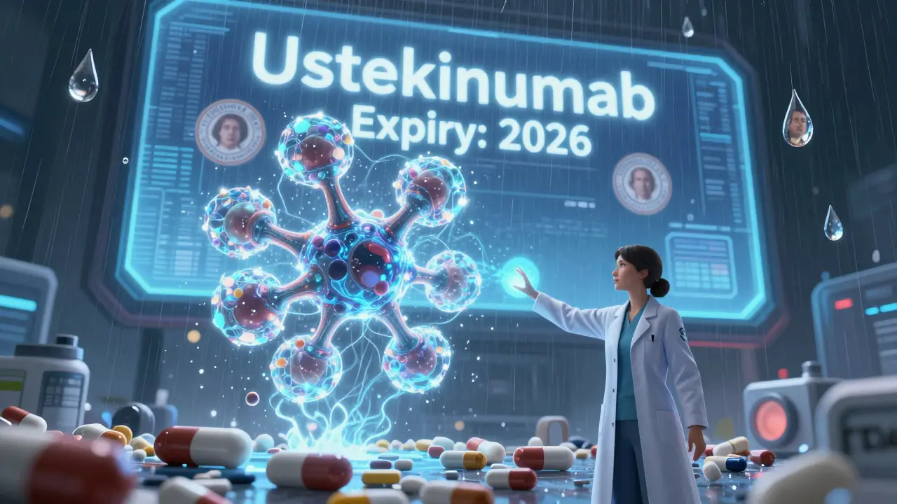 A bioluminescent biosimilar molecule above traditional tablets, with a scientist reaching out as FDA seals and expiry dates hover nearby.