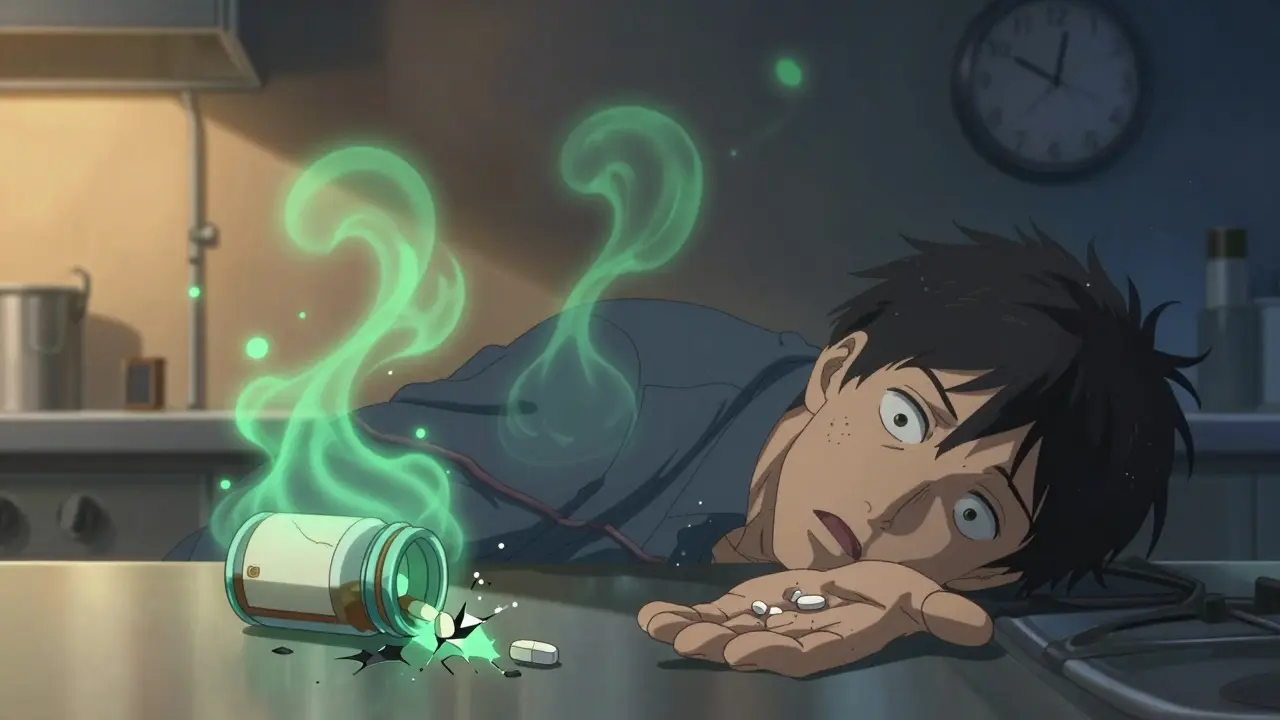 A heart attack victim watches nitroglycerin crumble to ash, ghostly blood vessels fading in the air.