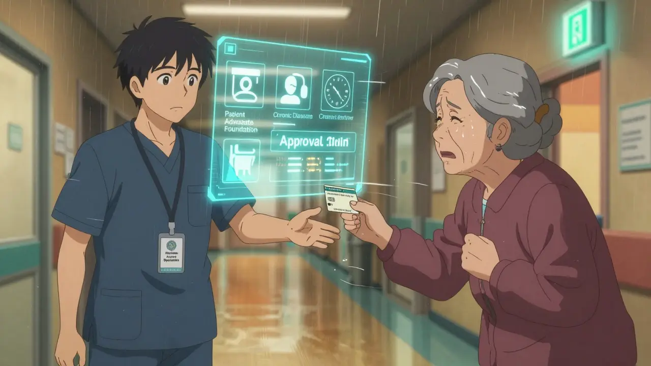 A hospital patient navigator comforts a elderly Medicare patient with holographic nonprofit icons glowing nearby.