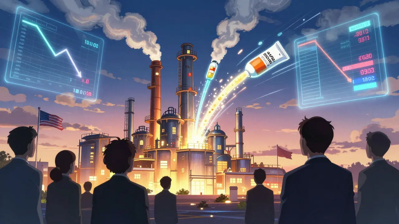 A massive U.S. pharmaceutical plant at twilight, with glowing drug streams splitting into branded and generic paths.