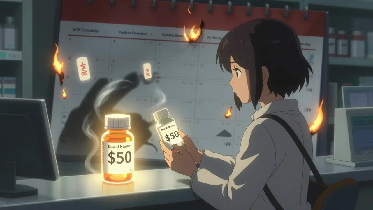A patient at a pharmacy holding an expensive brand drug next to a cheap generic, with a burning calendar.