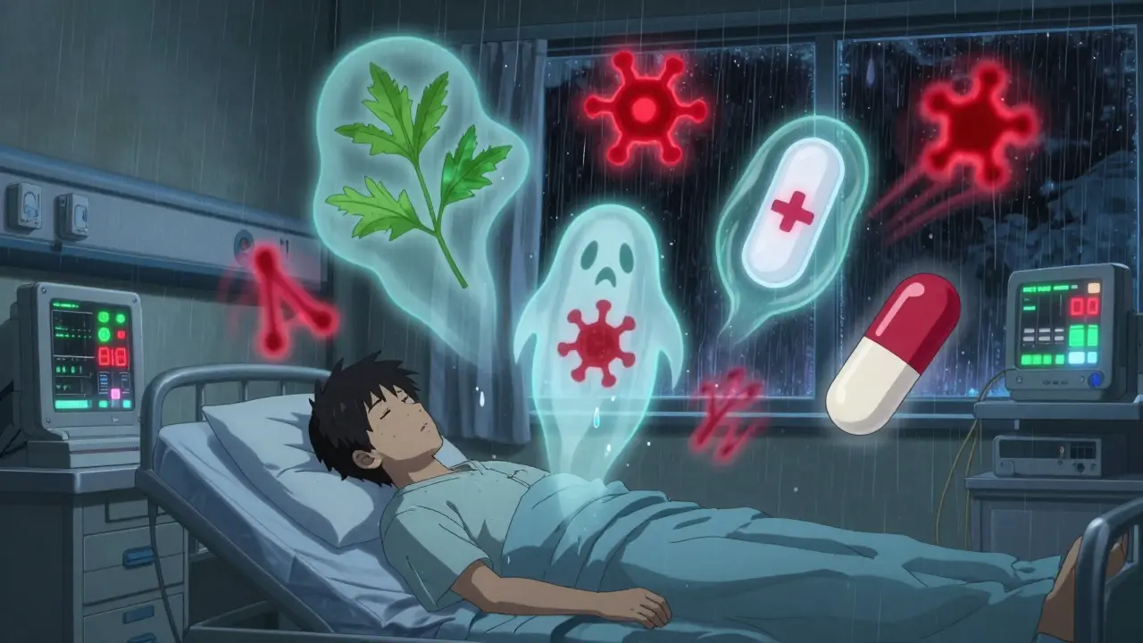 A patient unconscious in a hospital as herbal supplements float as warning symbols above them.