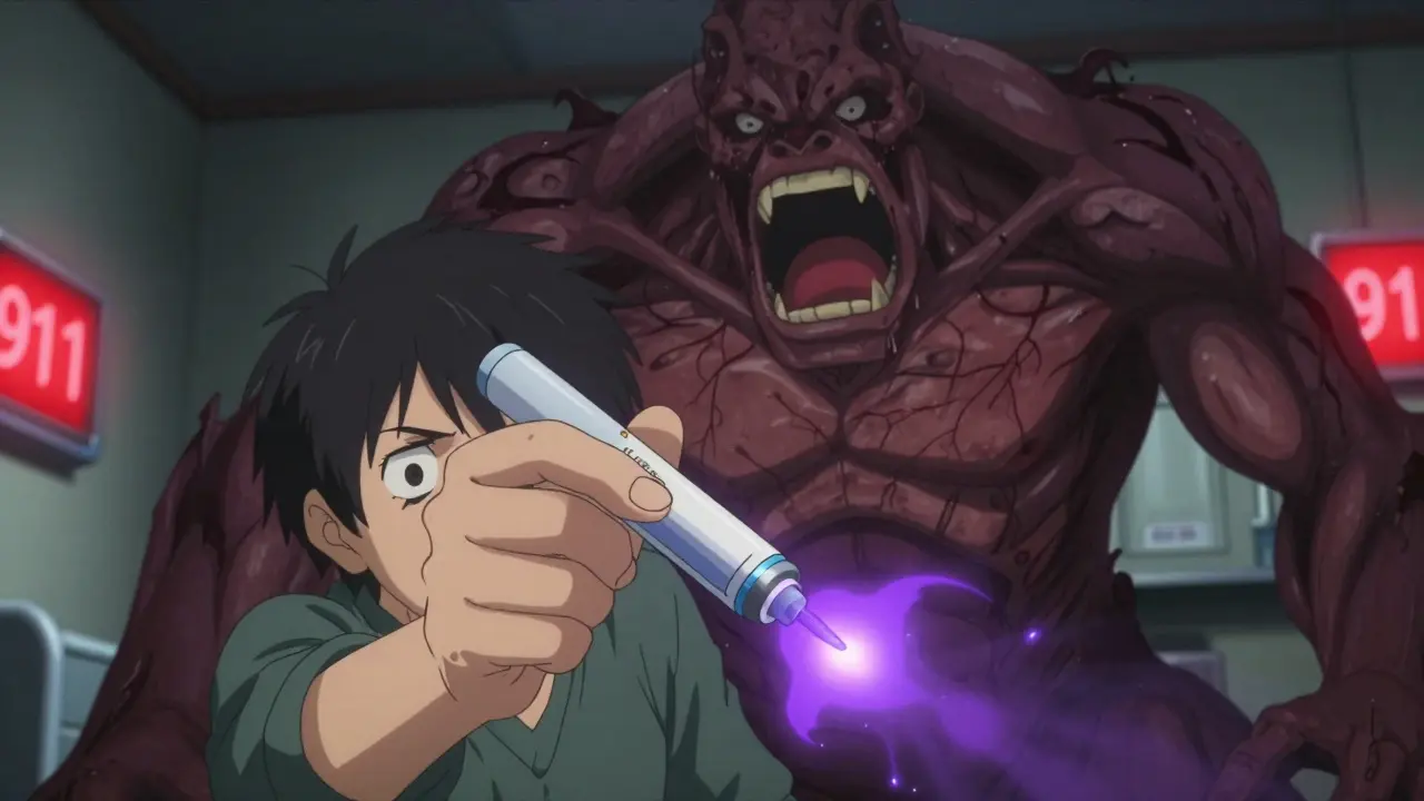 A person clutching an expired EpiPen as a dark allergic reaction looms over them, emergency lights glowing.