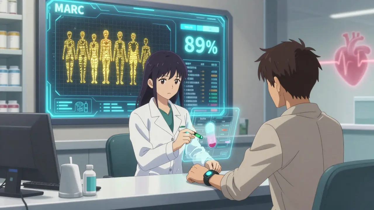 A pharmacist scans a patient’s wristband showing genetic risk data while offering a safer antibiotic alternative.