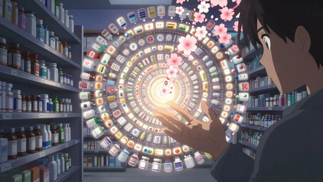 A pharmacy shelf with generic pills forming a glowing spiral, reflecting savings and prescription statistics in a patient's eyes.
