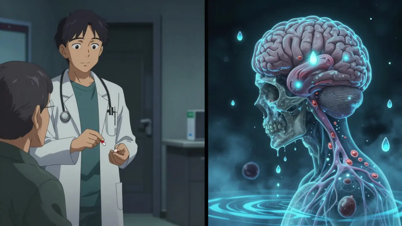 A surreal inner view of an elderly patient's brain flooded with water, diluting sodium ions as neurons dim under pressure.