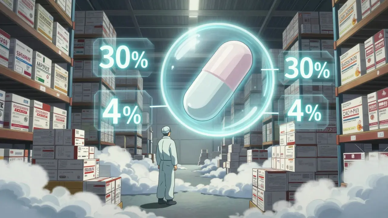 A warehouse filled with generic drug boxes, a single pill magnified to show its molecular structure identical to a brand name.