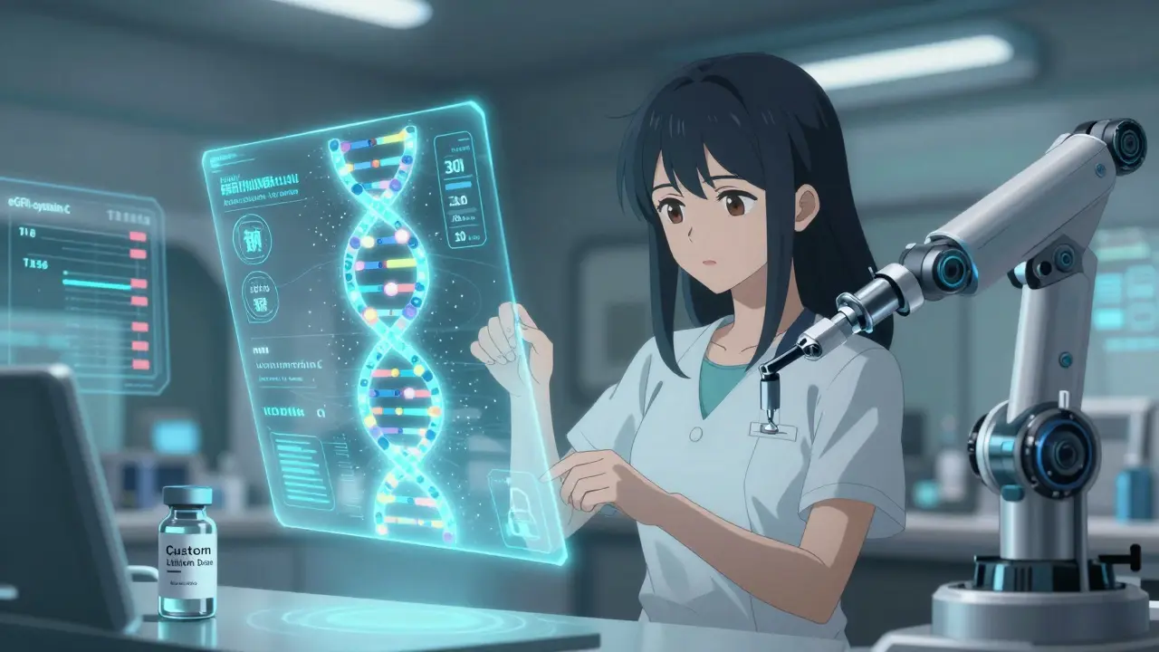 A woman's DNA glows with genetic markers guiding her personalized lithium dose.