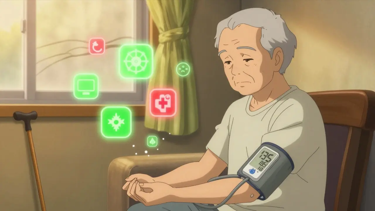 An elderly person calmly monitors their blood pressure at home with a stable reading of 135/85.