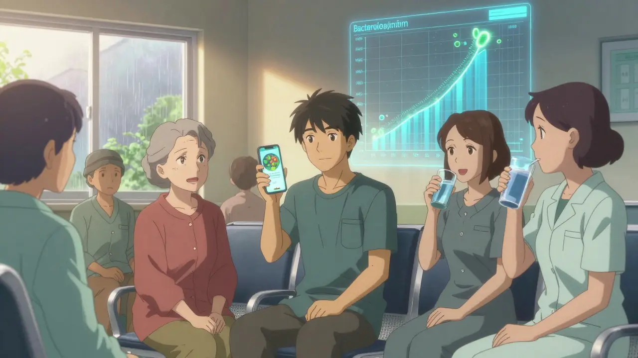 Diverse patients in clinic, glowing gut bacteria chart, and smartphone app showing health improvement.