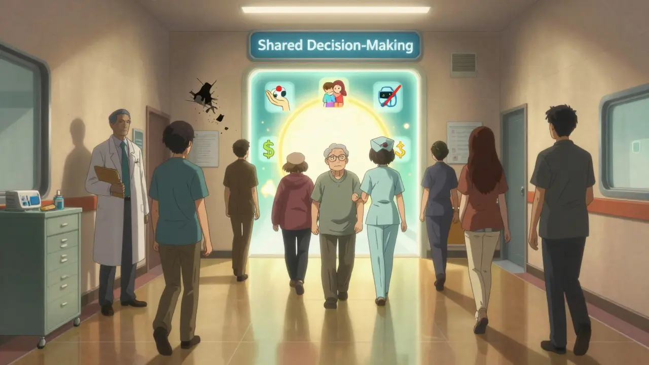 Diverse patients walking toward a radiant shared decision-making portal as outdated medical models fade away.