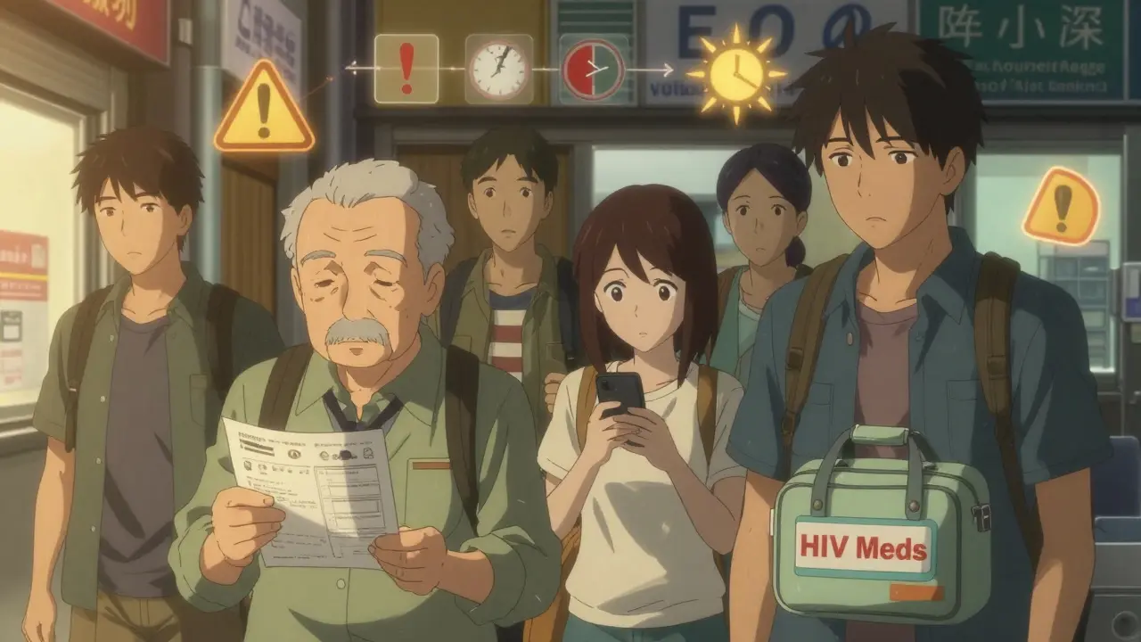 Diverse travelers in foreign clinic holding medication plans, translucent time and warning symbols floating around them.