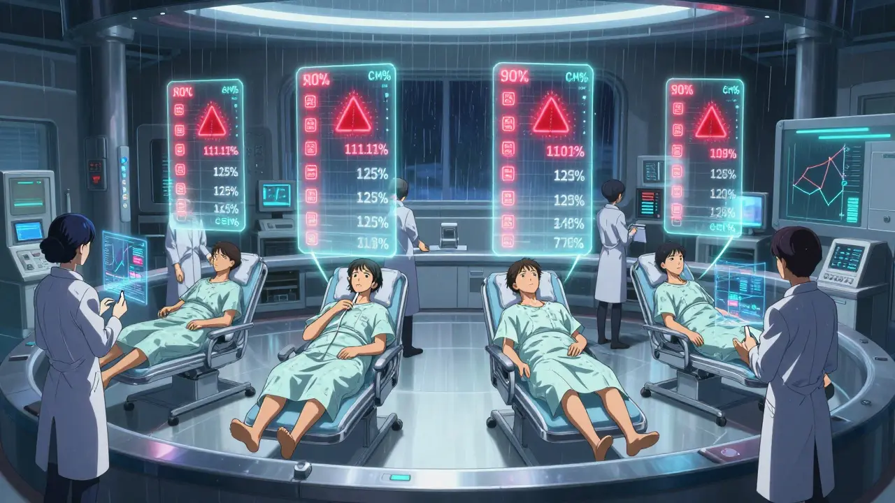 Four patients in a clinical trial lab surrounded by floating data streams showing tight bioequivalence ranges.