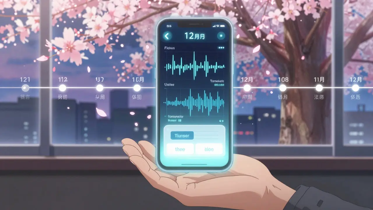 Futuristic app interface hovering over hand showing taper progress, sakura tree timeline in background.