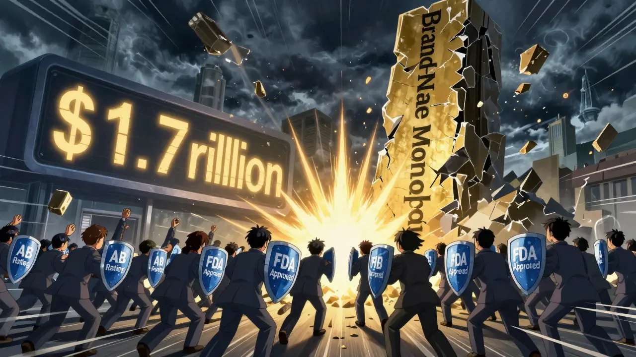 Generic drug makers pushing against a monopoly monolith, savings soaring in the background.